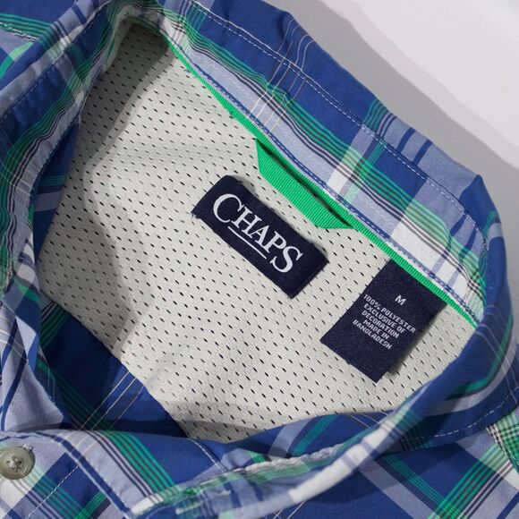 Chaps Ralph Lauren Blue Poly Plaid Short Sleeve Camp Shirt Button Down Men Sz. M - Picture 6 of 9